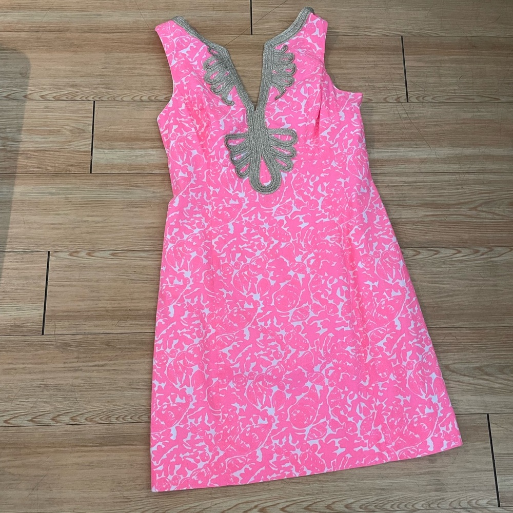 Lilly Pulitzer Women’s 8 Pink/White with Gold lace shift dress
